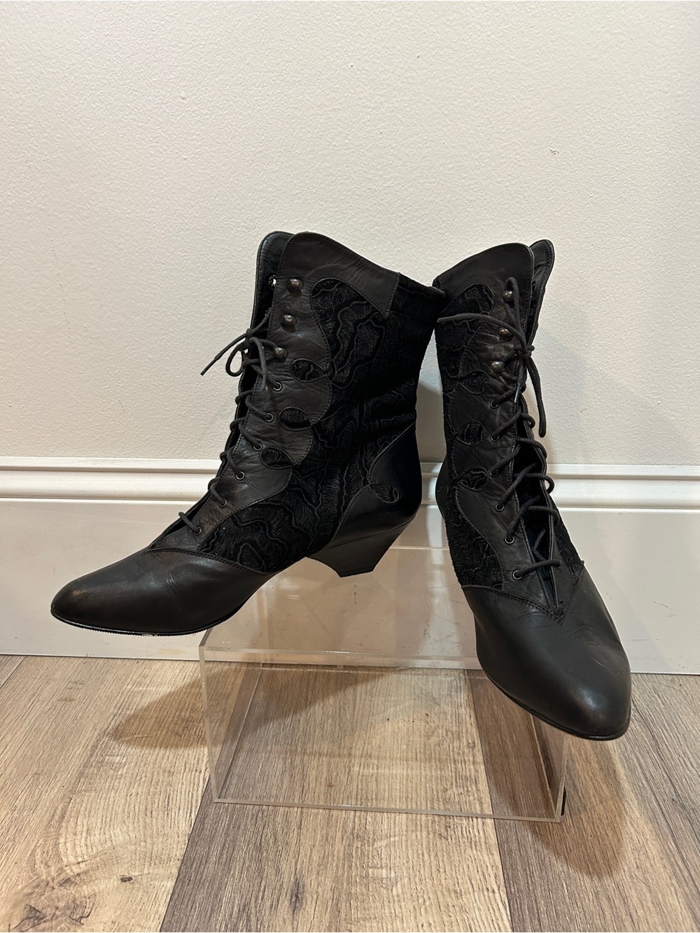 Lace-Up Victorian-Inspired Black Ankle Boots Size 8